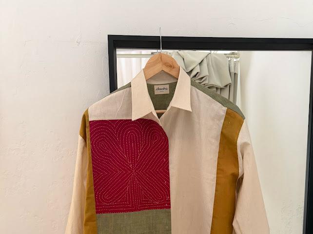 Rabari patch white colour block shirt