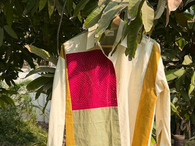 Rabari patch white colour block shirt