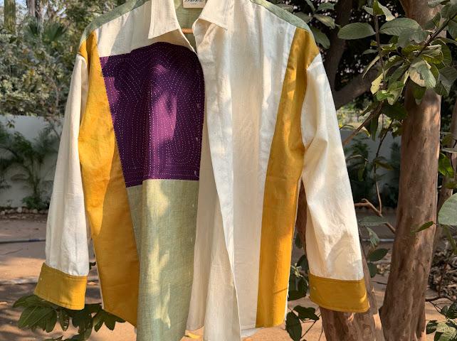Rabari patch white colour block shirt