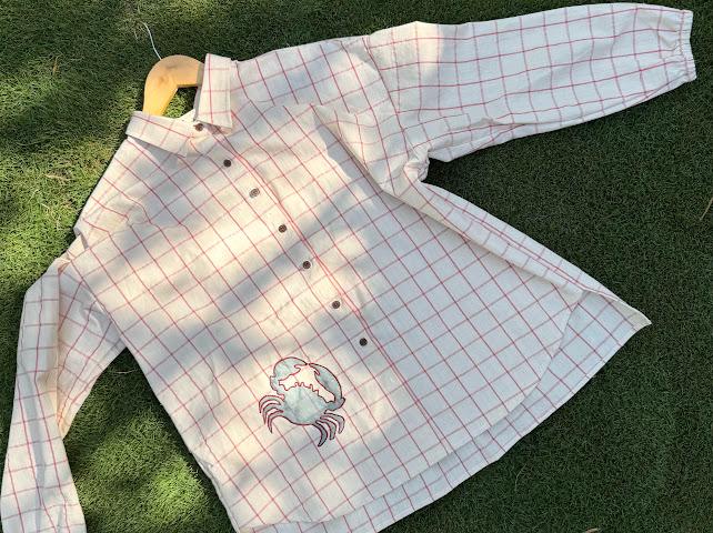 Red checks shirt with blue crab applique
