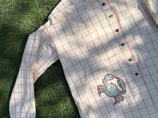 Red checks shirt with blue crab applique