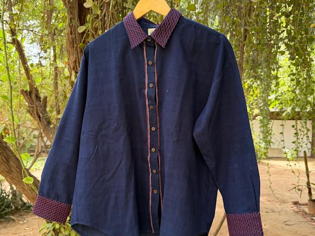 Indigo selvage shirt with red checks