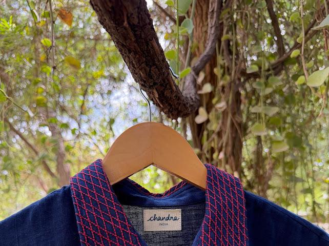 Indigo selvage shirt with red checks