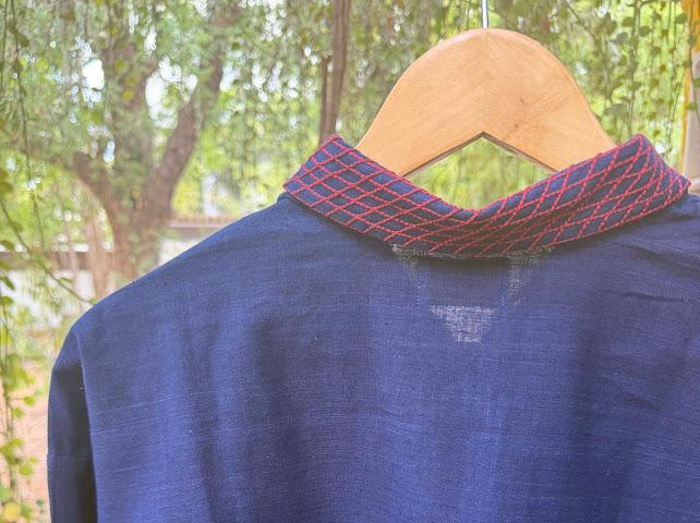 Indigo selvage shirt with red checks