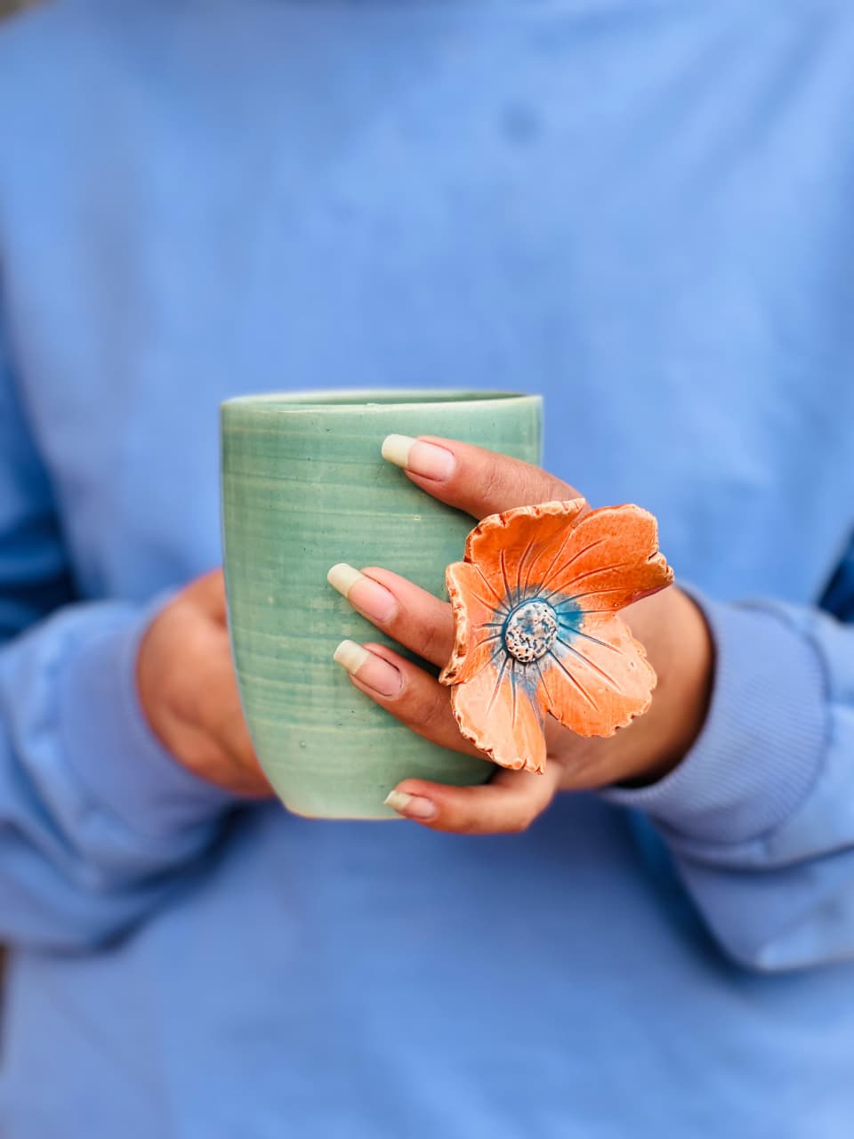Handcrafted pastel green ceramic mug artisan India sustainable home kitchenware gift
