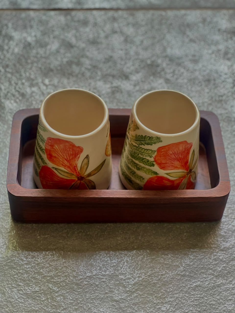 Hand-Painted Ceramic Tumblers with Wooden Tray