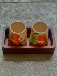 Hand-Painted Ceramic Tumblers with Wooden Tray