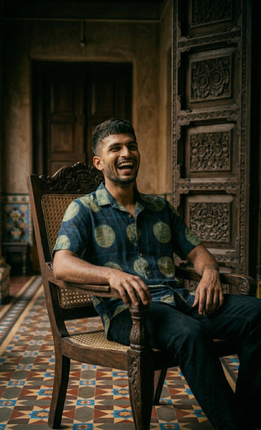 Cotton shirt with hand block printing, showcasing detailed artisanal patterns on a lightweight, breathable fabric.