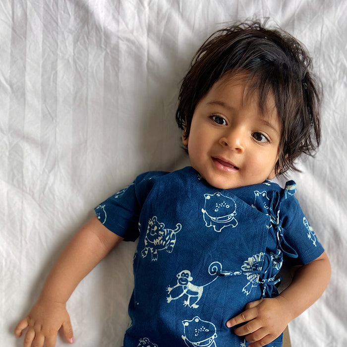 Organic Cotton Unisex Indigo Zoo Angarakha and White Pajama Pants Set