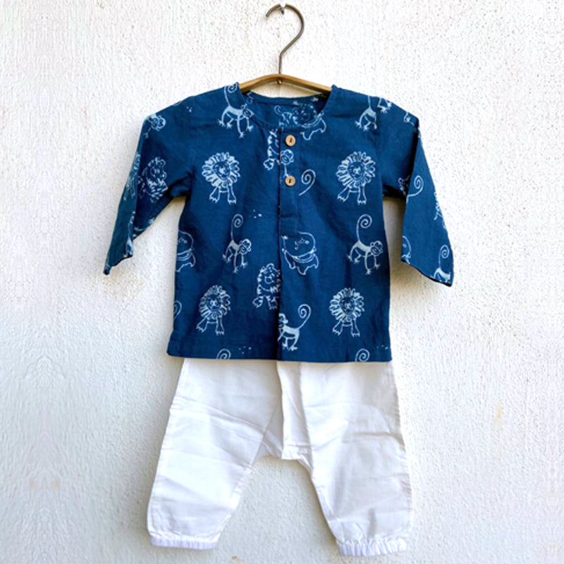 Organic Cotton Unisex Indigo Zoo Kurta and White Pajama Pants Set