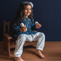 Organic Cotton Unisex Indigo Zoo Kurta and White Pajama Pants Set