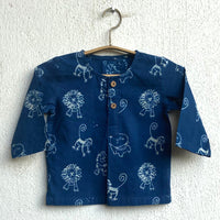 Organic Cotton Unisex Indigo Zoo Kurta and White Pajama Pants Set