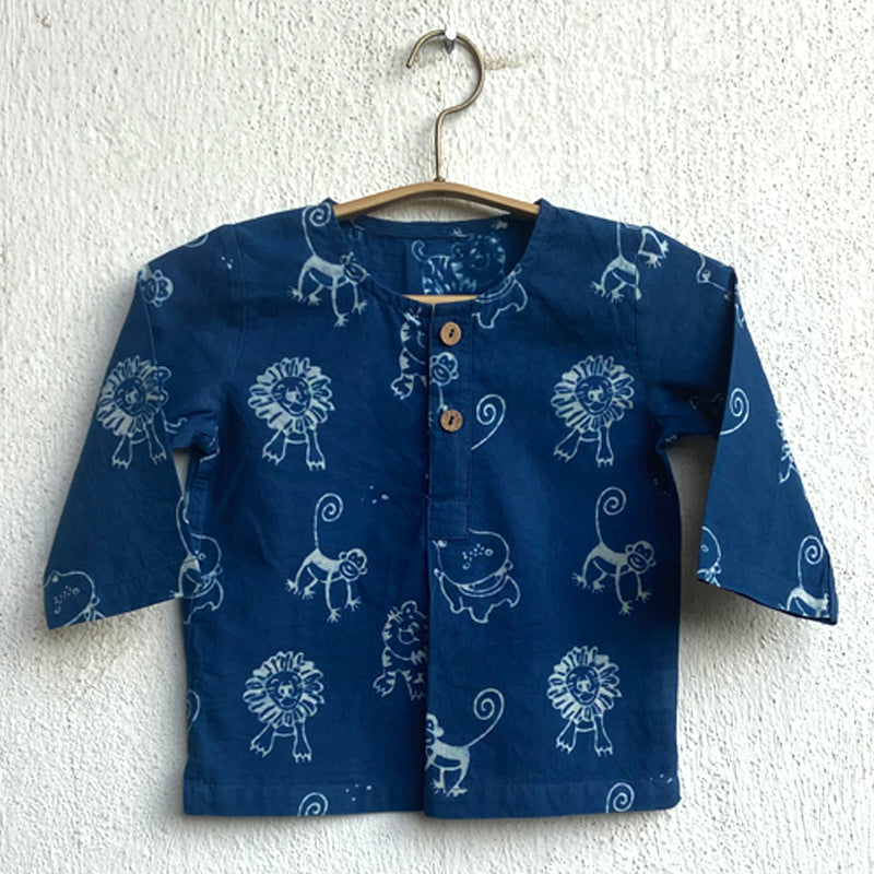 Organic Cotton Unisex Indigo Zoo Kurta and White Pajama Pants Set