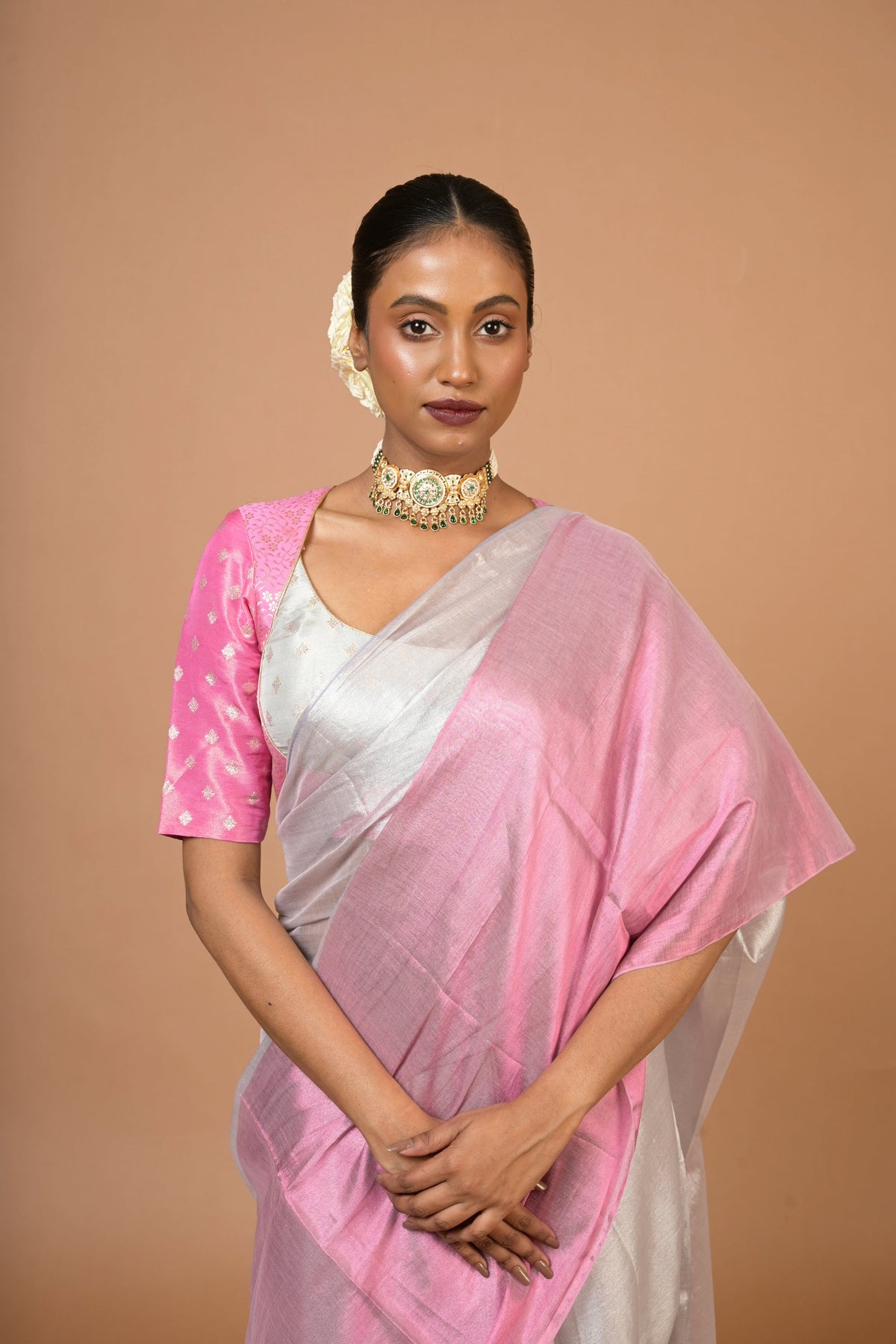 Sugandha tissue saree detail silver pink handwoven artisan India sustainable luxury