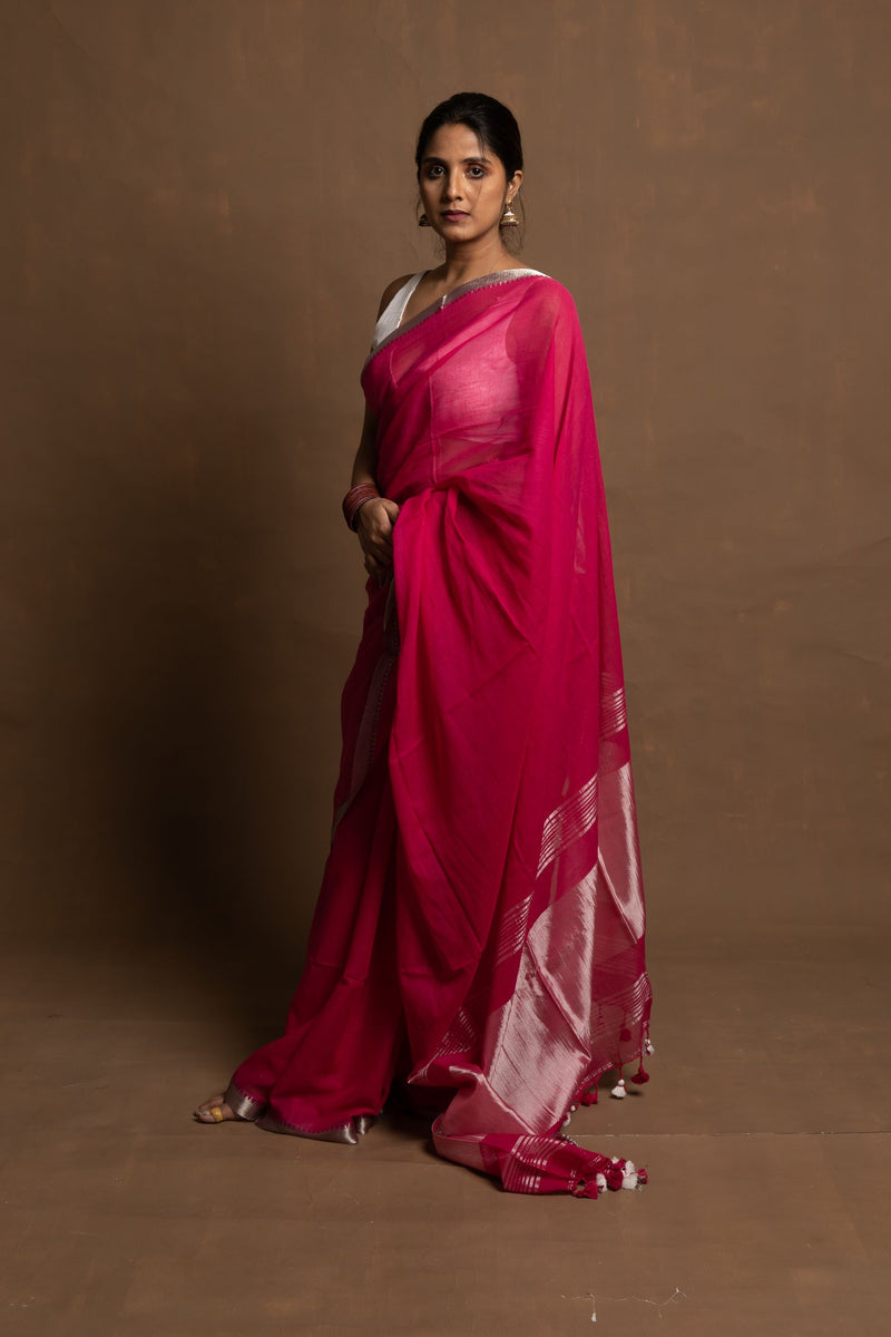 Gulab Phool I Pink Handloom Mul Cotton Saree With Zari Border