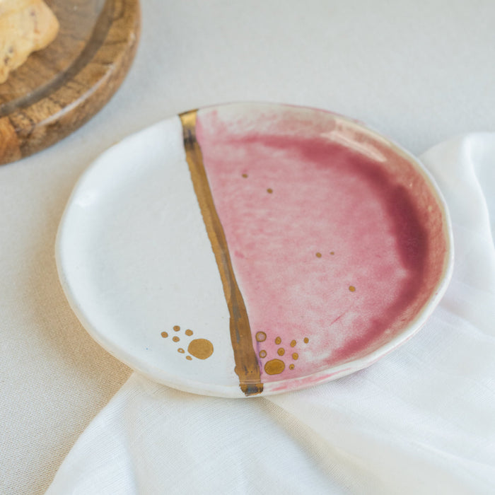 Golden seam small plate pink white handcrafted ceramic artisan India sustainable