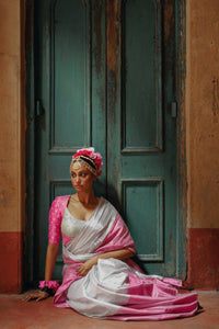 Sugandha silver pink tissue saree handwoven artisan India Huts and Looms Mitti Lifestyle