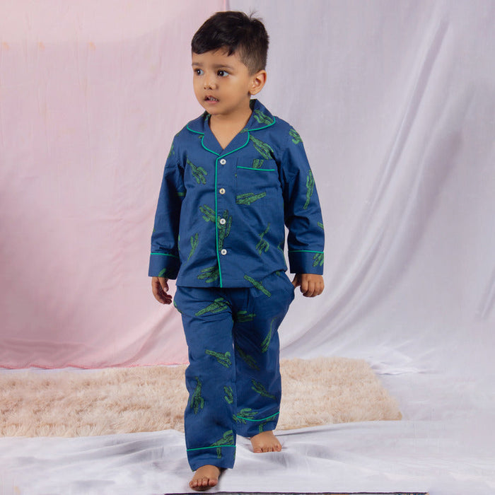 Unisex Cactus Print Full Sleeve Cotton Nightsuit-Blue