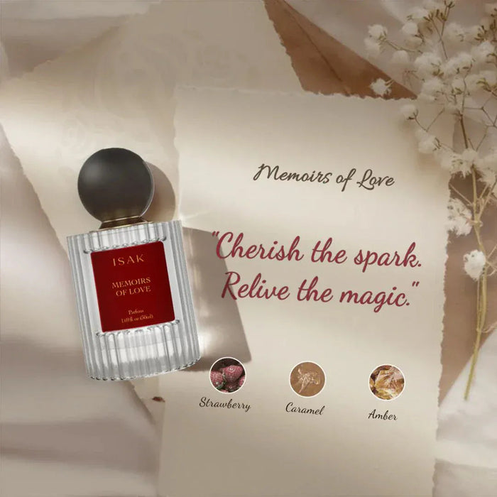 ISAK perfume bottle with 'Memories of Love' packaging and fragrance notes 