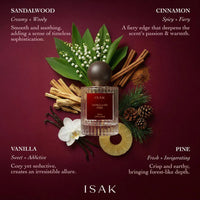 ISAK vanilla perfume bottle surrounded by sandalwood, cinnamon, vanilla, pine, and cinnamon sticks on a dark red background.