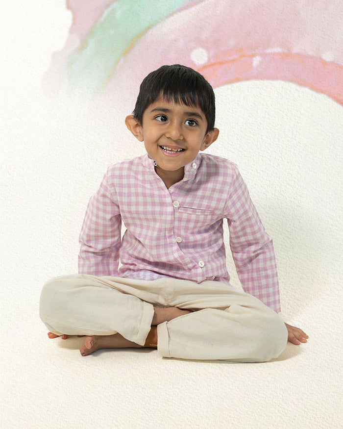 ‘Rainbows’ LTWT classic chinese collar curved shirt in purple handwoven cotton checks