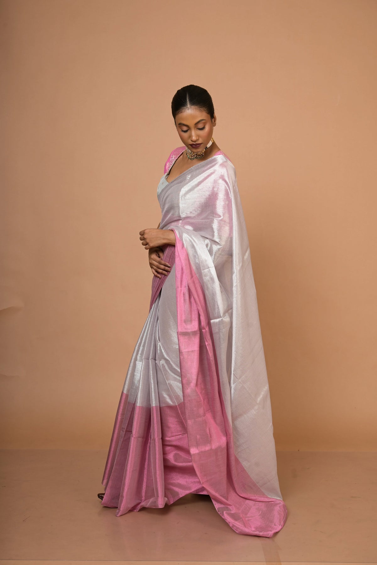 Sugandha saree draped view dual-colour silver pink tissue handwoven India artisan