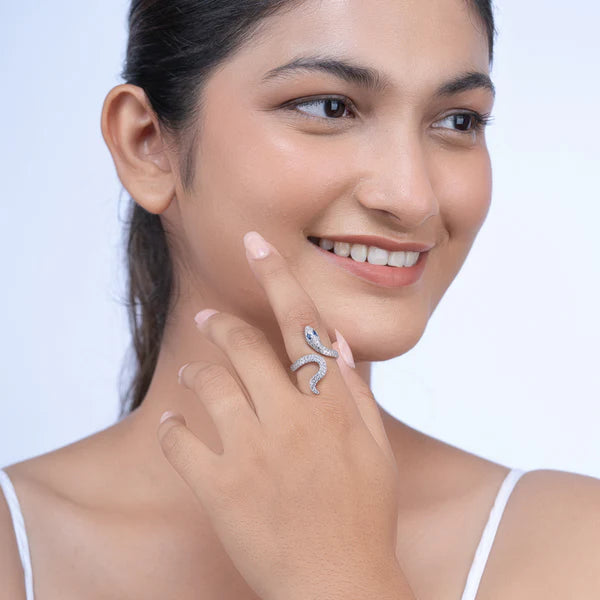 Serpent Twist Ring — recycled silver serpent coil ring side view, artisan sustainable jewelry India
