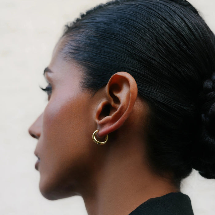 Essentia Athena hoops small worn model sterling silver artisan jewellery India